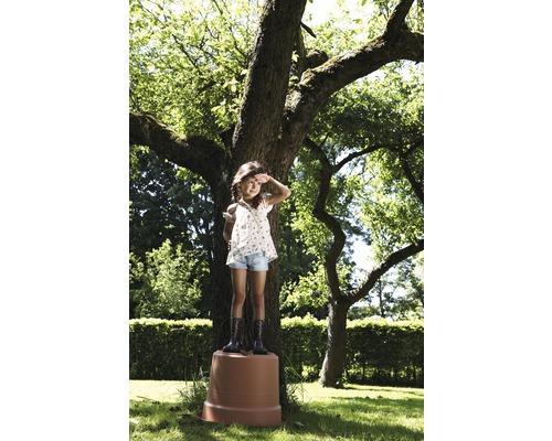 Meisje staat op omgekeerde bloempot in de tuin onder een boom