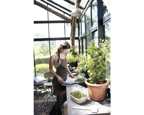Kas met vrouw, planten en zaaibakken op een tafel.
