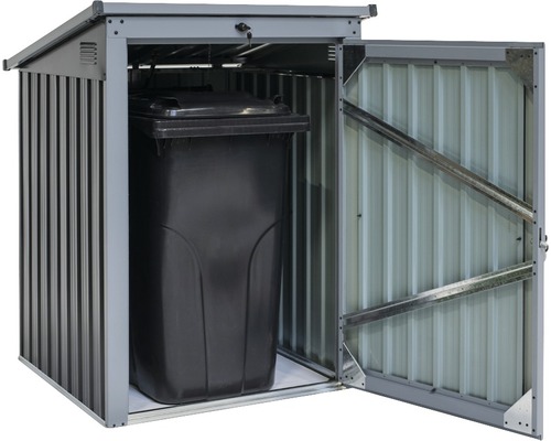 Metalen afvalcontainerbox met open deur en afvalcontainer