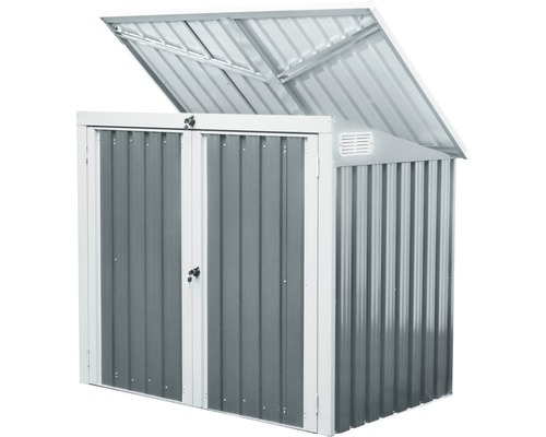 Metalen tuinhuis met open deksel en dubbele deur