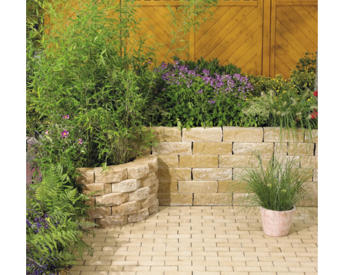 Tuinscene met muur van stenen blokken, beplant met verschillende planten