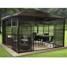 Paviljoen met muggennet, tafel en zitmeubelen in de tuin