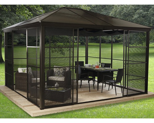 SOJAG Paviljoen Castel 12x14 met muskietennet aluminium brons 410 x 345 cm Paviljoen met muggennet, tafel en zitmeubelen in de tuin