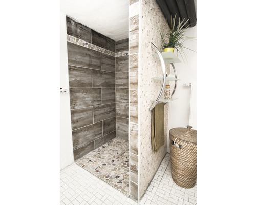 Badkamer met douche, tegels en decoratieve items voor een lichte en vriendelijke sfeer.