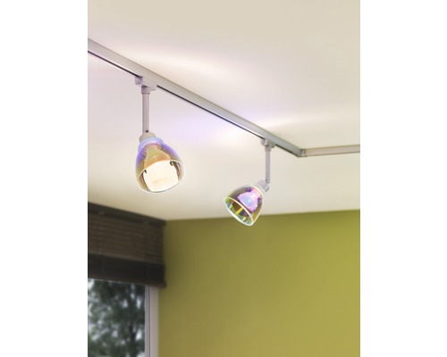 Twee plafondlampen aan een rail met transparante lampenkappen