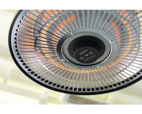 Gedetailleerde opname van een Eurom terrasverwarmer met beschermrooster en bedieningselementen