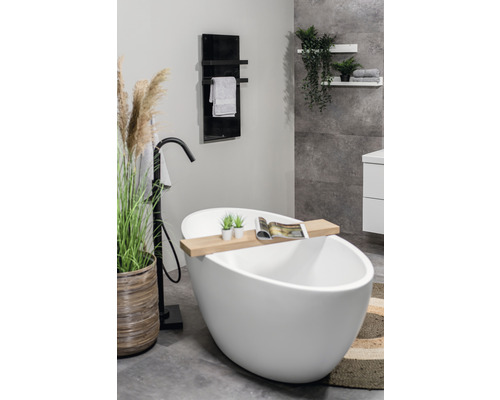Badkamer met vrijstaand bad, handdoekverwarmer en decoratie
