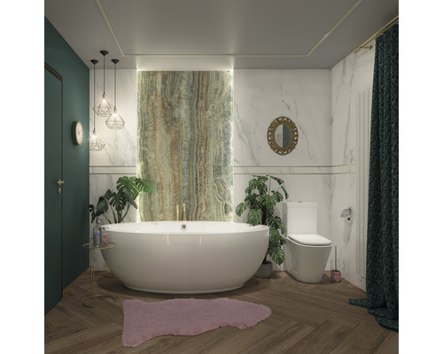 Moderne badkamer met vrijstaand bad, toilet en planten