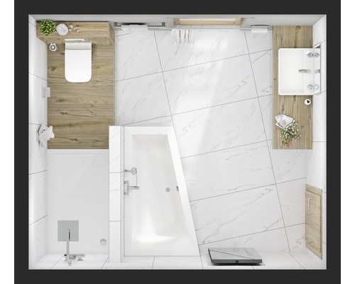 Vogelperspectief van een heldere badkamer met toilet, bad, douche en wastafel