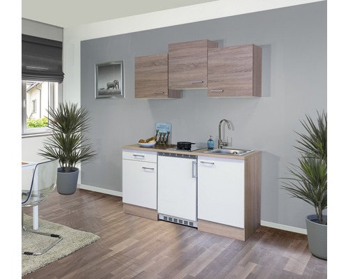 FLEX WELL Minikeuken met apparatuur Samoa wit en sonoma eiken mat 150,5x60 cm Kleine kitchenette met gootsteen, kookplaat en hangkasten in een appartement