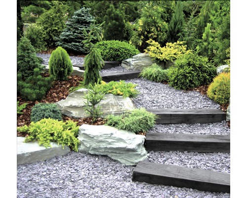 Getrapte tuinpad met grind, stenen en diverse planten