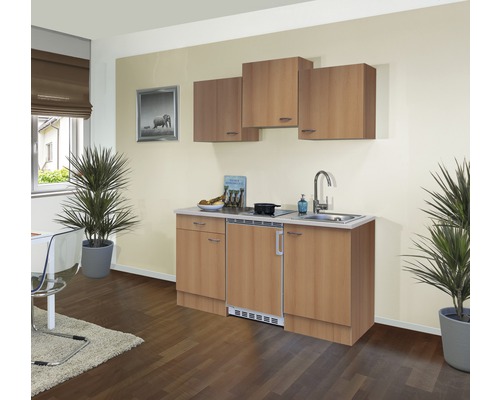 FLEX WELL Minikeuken met apparatuur Nano beuken-decor mat 150,5x60 cm Compacte keuken met spoelbak, kookplaat en bovenkasten in een lichte ruimte.