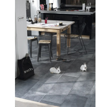 Lichte kamer met eettafel, stoelen, decoratie en twee witte konijnen op een grijze vloer