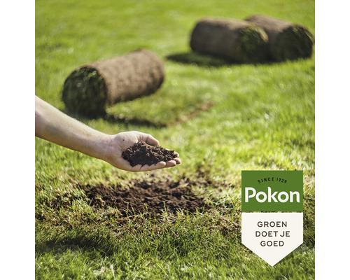 Grasmatten leggen met hand en Pokon logo