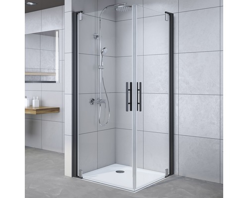 Hoekdouche met zwart frame en glazen deuren in de badkamer