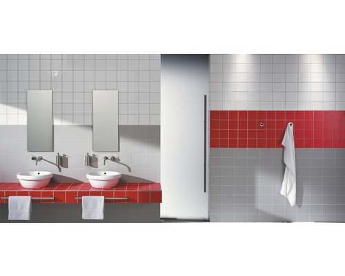 Badkamer met twee wastafels, spiegels en tegels