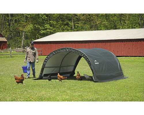 Vrije uitloop met kippen en een stal tent op een gazon