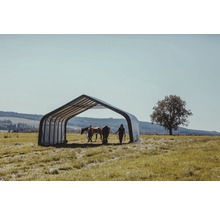 Paardenstal op een weiland met twee paarden en twee personen