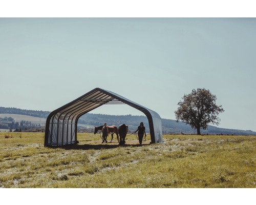 Paardenstal op een weiland met twee paarden en twee personen