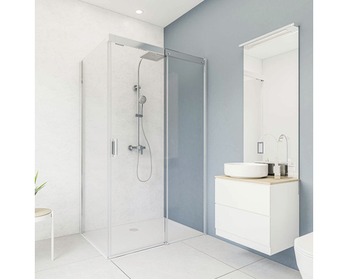 BREUER Doucheachterwand DecoMotion wit 255x150 cm Lichte badkamer met douchecabine, wastafel en spiegel