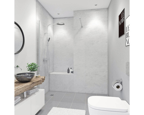 BREUER Doucheachterwand Decomotion grijs 210x100 cm Badkamer met douche, wastafel, spiegel en toilet