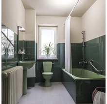 Badkamer met ligbad, wastafel, toilet, radiator, raam en planten