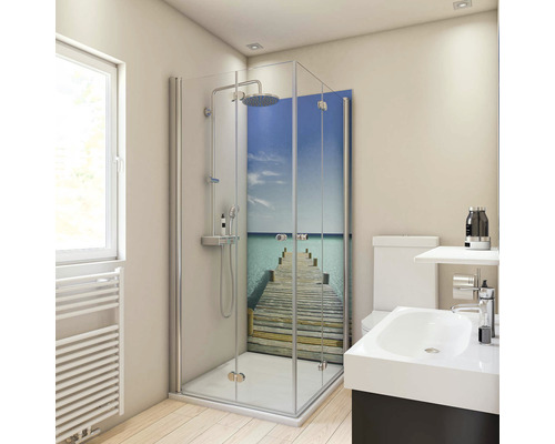 BREUER Doucheachterwand DecoMotion grijs-blauw 210x90 cm Badkamer met douchecabine met strandmotief, wastafel en toilet
