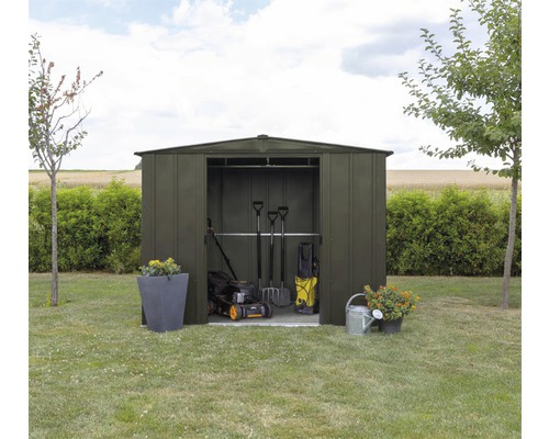 Tuinscène met tuingereedschapsschuur, grasmaaier, tuingereedschap en planten