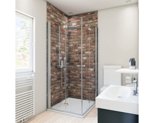 BREUER Doucheachterwand DecoMotion rood 210x100 cm Badkamer met douche, wastafel en toilet voor een bakstenen muur