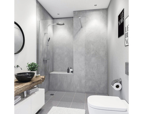 BREUER Doucheachterwand Decodesign grijs 255x100 cm Lichte badkamer met douche, wastafel en toilet