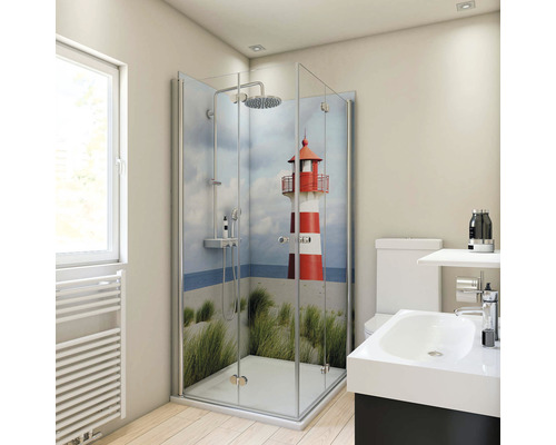 BREUER Doucheachterwand DecoMotion 210x90 cm Badkamer met douchecabine met vuurtorenmotief, wastafel en toilet