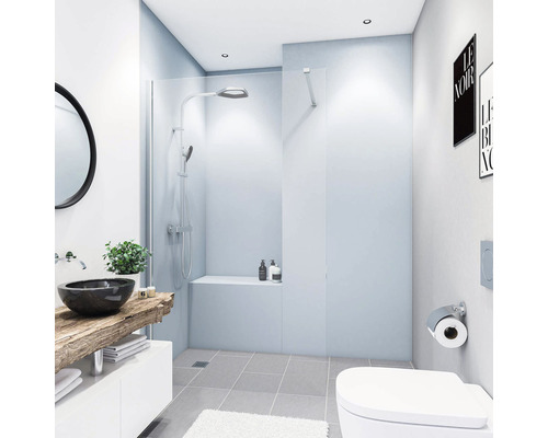 BREUER Doucheachterwand DecoMotion zilver-grijs 210x90 cm Moderne badkamer met douche, wastafel, toilet en grijze tegels