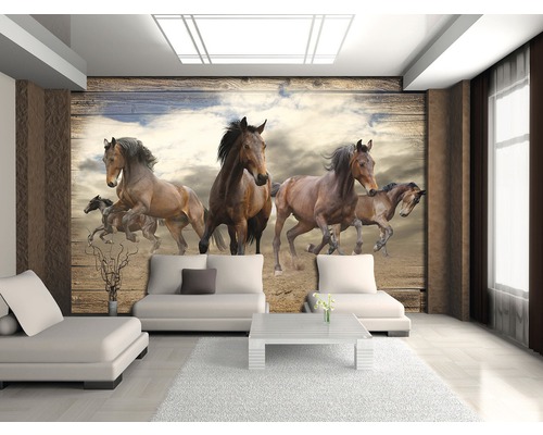 Woonkamer met fotobehang met paardenthema