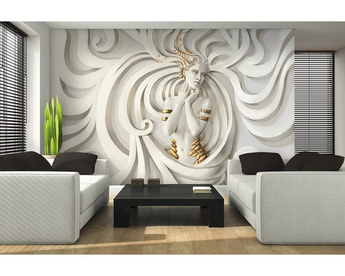 Woonkamer met fotobehang met vrouwenafbeelding