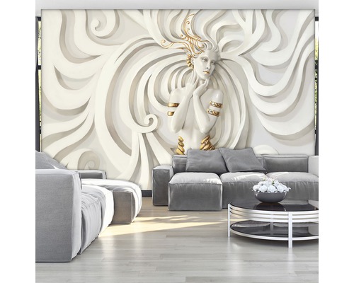 Woonkamer met vliesbehang met 3D-effect en vrouwafbeelding