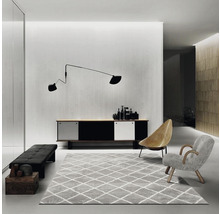 Woonkamer met dressoir, vloerkleed, fauteuils en wandlamp