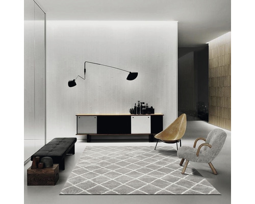 Woonkamer met dressoir, vloerkleed, fauteuils en wandlamp