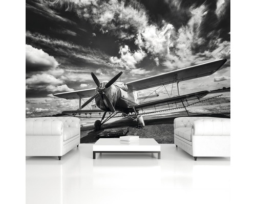 Woonkamer ontwerp met fotobehang van een vliegtuig tegen een bewolkte lucht