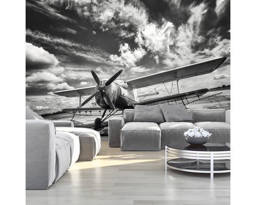 Woonkamer met fotobehang van een vliegtuig onder een bewolkte hemel