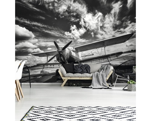 Woonkamer met een fotobehang waarop een vliegtuig te zien is tegen een bewolkte lucht