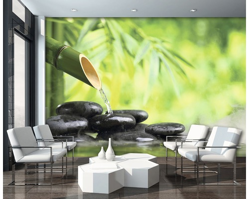 Interieur met fotobehang met bamboe-, steen- en watermotief