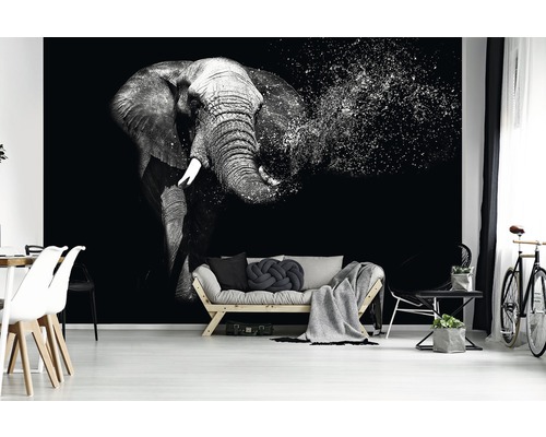 Woonkamer met fotobehang van een olifant in grafische stijl