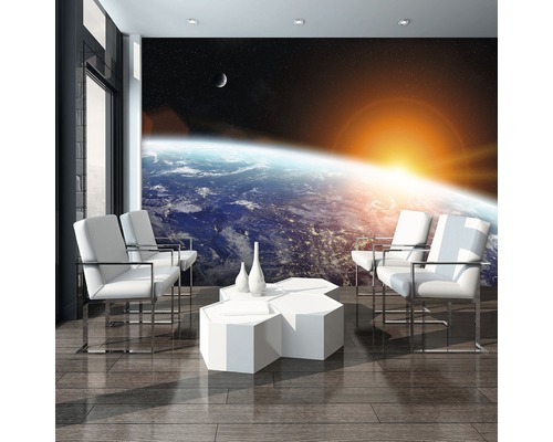 Ruimteontwerp met fotobehang aarde, maan en zonsopgang