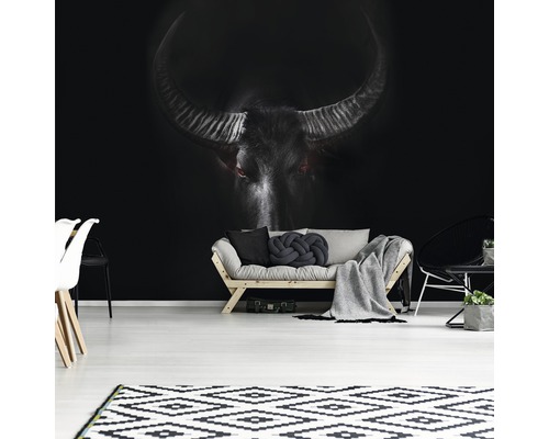 Woonkamer met fotobehang van een buffel