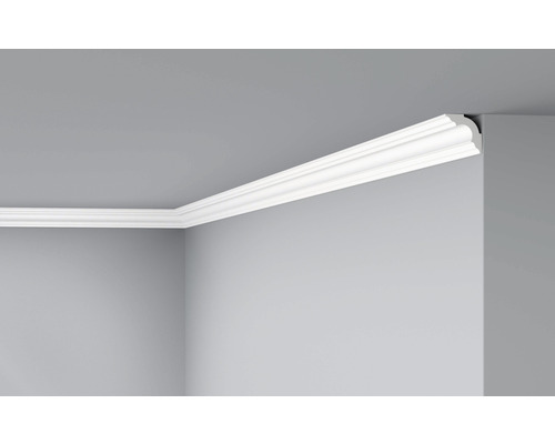 DECOFLAIR Sierlijst plafond D12 3x3x200 cm 2 stuks Hoekweergave van een ruimte met aangebrachte, witte sierlijsten.