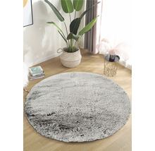 Rond grijs tapijt in woonkamer met plant en bijzettafel