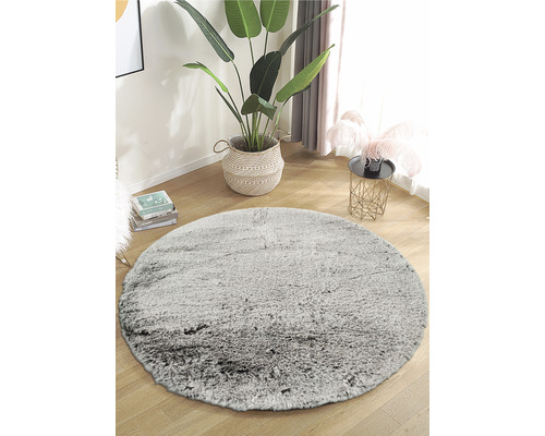 Rond grijs tapijt in woonkamer met plant en bijzettafel