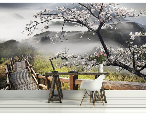 Fotobehang met een pad, een boom en bergen in de mist