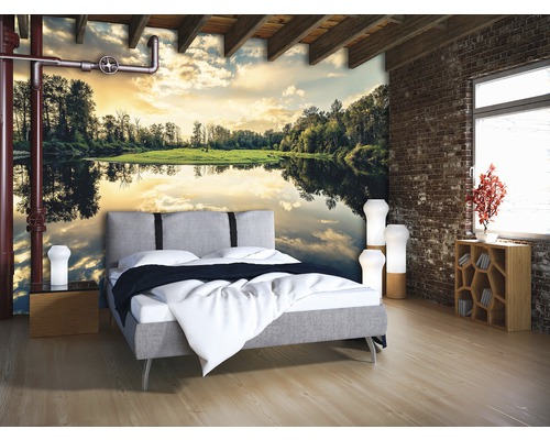 Slaapkamer met fotobehang met meer thema