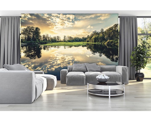 Woonkamer met fotobehang dat een meer en bomen laat zien.